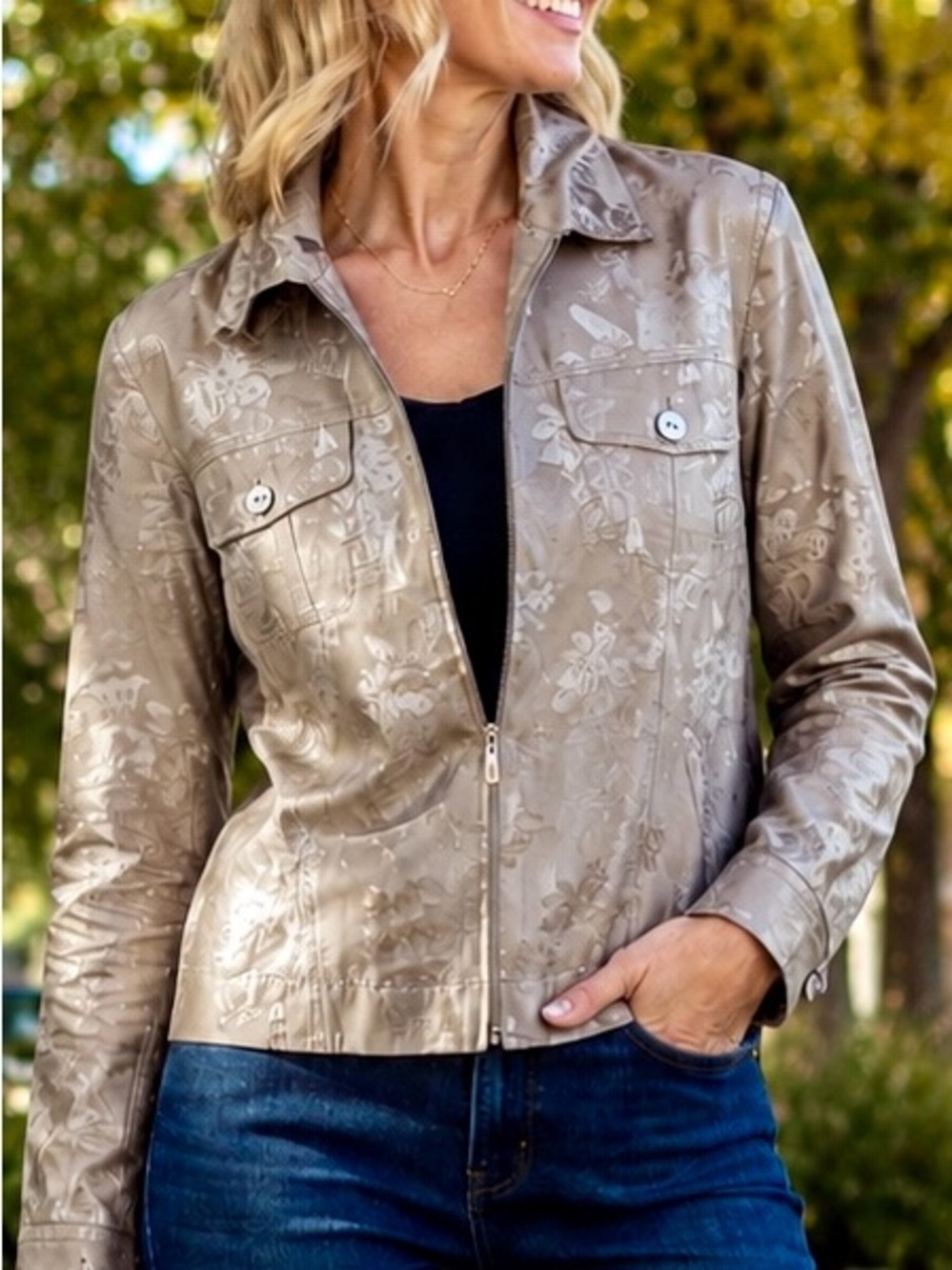 Chico’s Taupe Silk Shimmery Jacquard zip-front jacket - like new